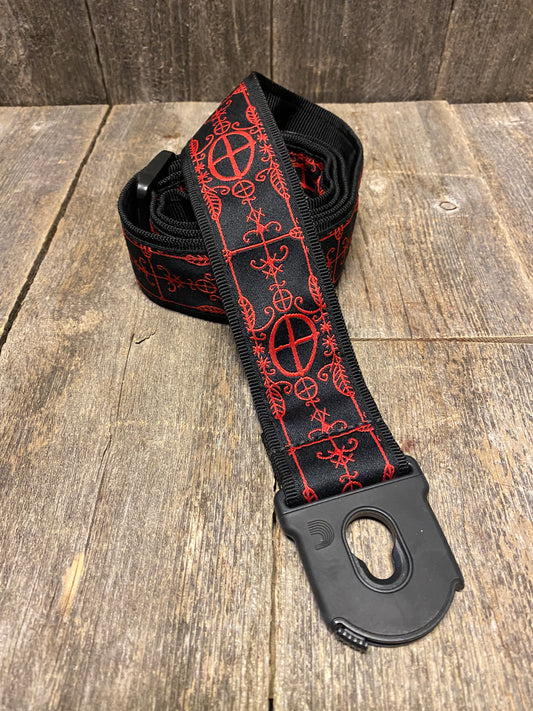 Used Black/Red Occult D'Addario Planet Lock Guitar Strap