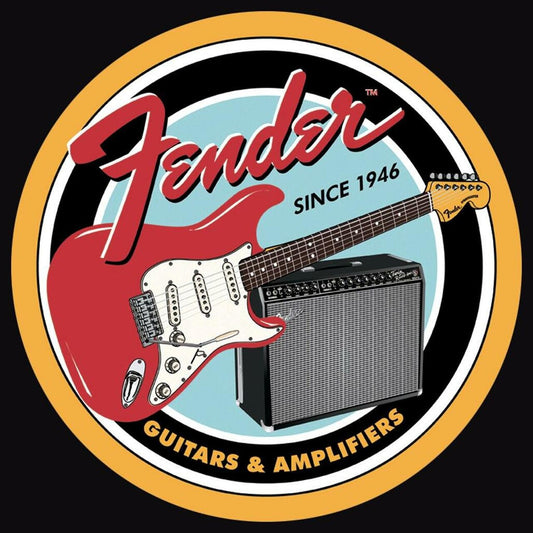 Desperate Enterprises Fender Guitars and Amps Round Metal Sign